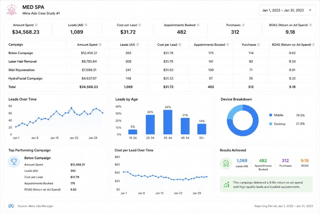 Med spa Meta Ads case study dashboard with KPIs and charts